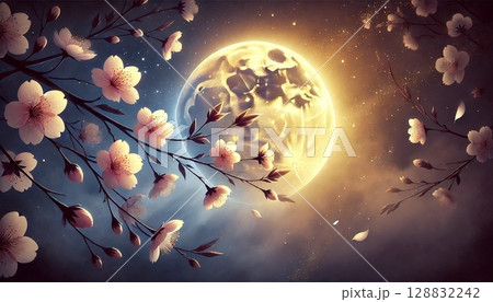 金色に輝く満月と幻想的な光に包まれた桜の花が舞う、静寂で美しい春の夜の風景イラスト 128832242