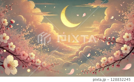 春の空に浮かぶ三日月と桃色の桜が雲海に舞う幻想的な和風イラスト背景素材 春の空に浮かぶ三日月と桃色の桜が雲海に舞う幻想的な和風イラスト背景素材 128832245
