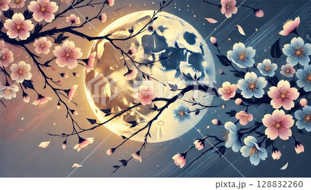 満開の桜と柔らかな月明かりが織りなす幻想的なブルーグラデーションの和風イラスト風景 満開の桜と柔らかな月明かりが織りなす幻想的なブルーグラデーションの和風イラスト風景 128832260
