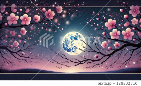 満開の桜が咲き誇る幻想的な春の夜、静寂に包まれた満月と星が輝くロマンチックな風景 128832310