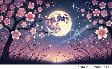 夜空に浮かぶ満月と桜が織りなす幻想的な春の風景、星と花びらが舞う静寂のひととき 128832311