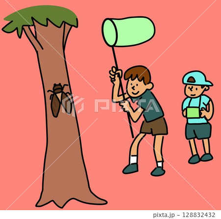 虫取り網でセミを取る子供のイラスト 128832432