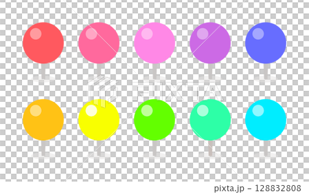 Colorful round pin, pushpin, and pin icon set - Simple and cute mark and marker illustrations 128832808