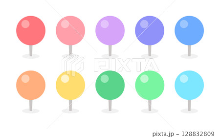 パステルカラーの丸い押しピン・画鋲･まち針のアイコンセット - 目印やマーカーのかわいいイラスト 128832809