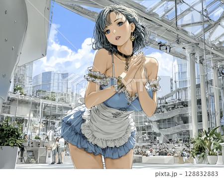 メイドカフェ　手を合わせてお願いをする女性のイラスト素材 128832883