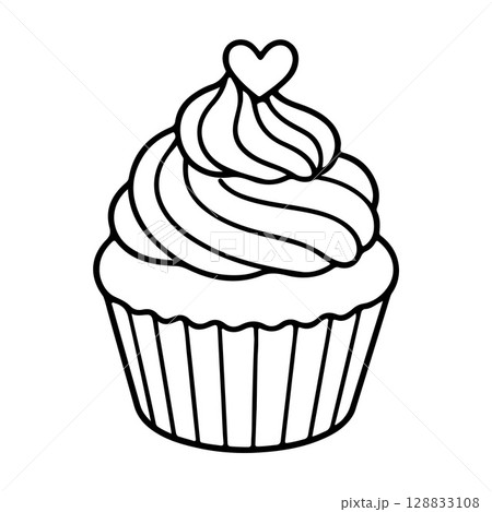 Cupcake with creamy frosting, adorned with tiny heart line art, doodle style 128833108