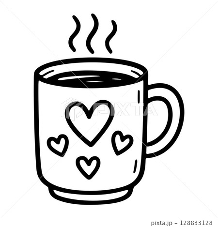 Coffee cup with hearts black and white icon clean line art, doodle style Coffee cup with hearts black and white icon clean line art, doodle style 128833128