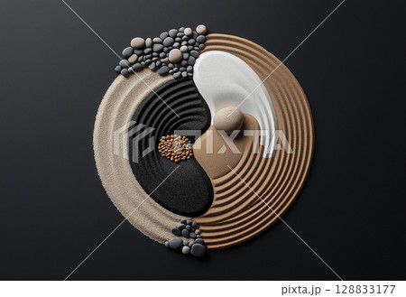 A serene and symmetrical zen garden design featuring yin yang symbol with intricate sand patterns, surrounded by gray pebbles on a dark background. 128833177