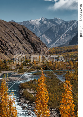 The autumn scenery with Hindu Kush mountain range in the background is very beautiful, Gahkuch,northern Pakistan. 128833240