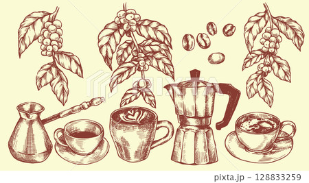 Set with coffee, beans, drinks, coffee maker. Vector illustration in vintage sketch style 128833259