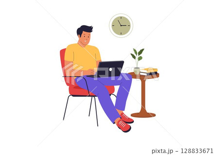 Freelancer Man Working with Laptop and Coffee in Home Office 128833671