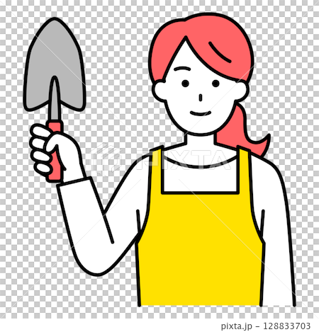 一名圍著圍裙、手拿鏟子的婦女 一名圍著圍裙、手拿鏟子的婦女 128833703