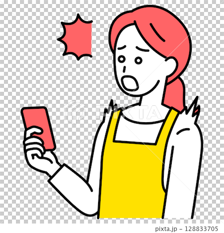A woman in an apron is surprised at the screen of her smartphone 128833705