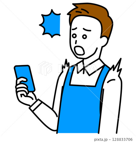 スマートフォンの画面を見て驚くエプロン姿の男性 128833706