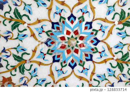 Traditional colorful floral marble tabletops for sale in Agra, Uttar Pradesh, India Traditional colorful floral marble tabletops for sale in Agra, Uttar Pradesh, India 128833714