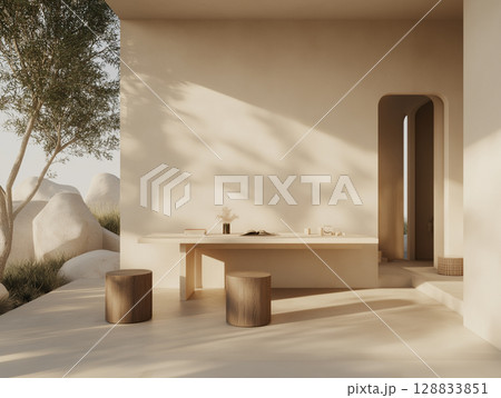 Cozy modern living room with stylish furniture, large windows, and warm wooden accents, perfect for luxury indoor living 128833851