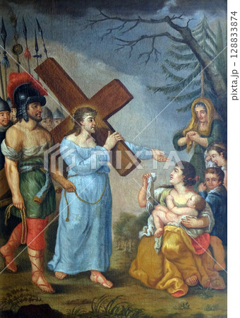 8th Stations of the Cross,Jesus meets the daughters of Jerusalem, Maria im Grunen Tal pilgrimage church in Retzbach in the Bavarian district of Main-Spessart, Germany 128833874