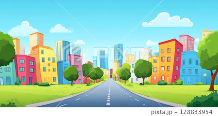 A colorful cartoon illustration depicts a vibrant city skyline with tall buildings, seen from a lush green park with a road and sunny blue sky. 128833954