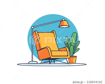 An illustration of a cozy living space with an armchair, a potted plant, and a floor lamp, set against a simple blue and white background. 128834142