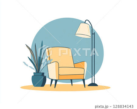 An illustration of a cozy living space with an armchair, a potted plant, and a floor lamp, set against a simple blue and white background. An illustration of a cozy living space with an armchair, a potted plant, and a floor lamp, set against a simple blue and white background. 128834143