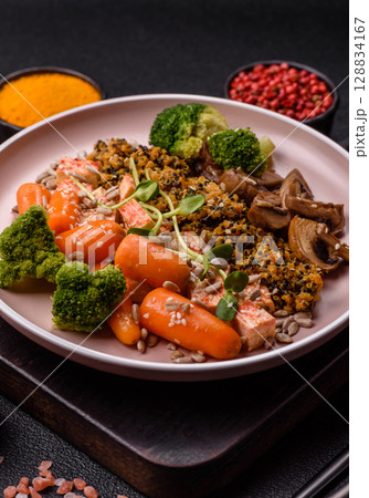 Food bowl with tofu, quinoa, broccoli and carrots, microgreens Food bowl with tofu, quinoa, broccoli and carrots, microgreens 128834167