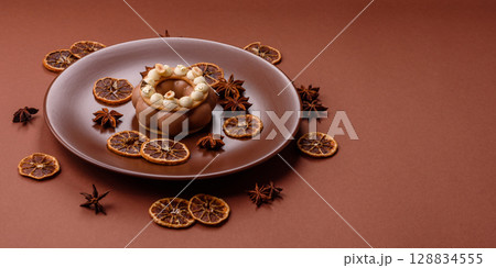 Round chocolate tart or pie with cream berry filling Round chocolate tart or pie with cream berry filling 128834555