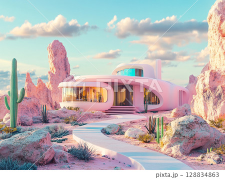A striking, modern pink house with a curved, elongated design stands in a desert landscape with large cacti and rocks. A striking, modern pink house with a curved, elongated design stands in a desert landscape with large cacti and rocks. 128834863