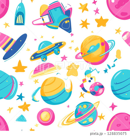 A seamless pattern of colorful cartoon space elements including planets, rockets, UFOs, and stars, on a white background. 128835075