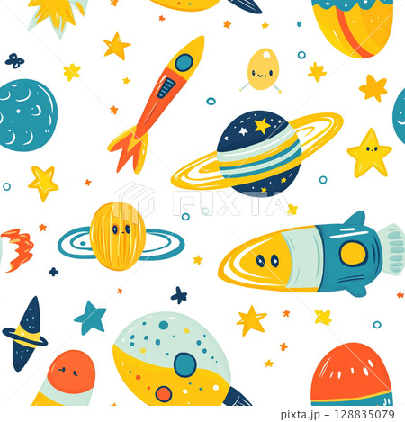 A seamless pattern of colorful cartoon space elements including planets, rockets, UFOs, and stars, on a white background. A seamless pattern of colorful cartoon space elements including planets, rockets, UFOs, and stars, on a white background. 128835079