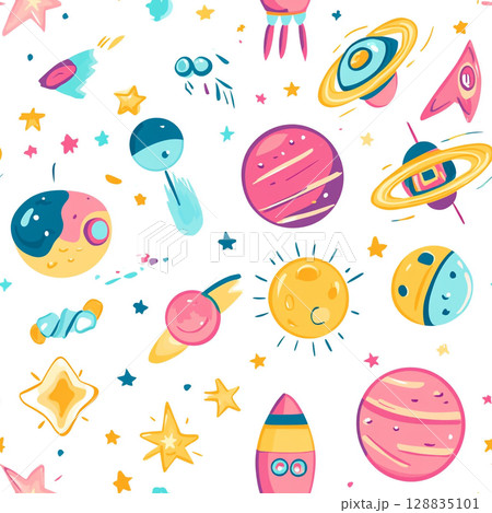 A seamless pattern of colorful cartoon space elements including planets, rockets, UFOs, and stars, on a white background. 128835101