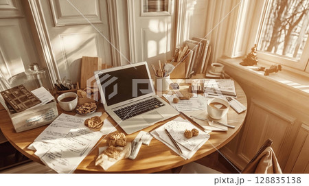 A cluttered round table in a cozy kitchen, with a laptop surrounded by scattered documents, snacks, and coffee mugs 128835138