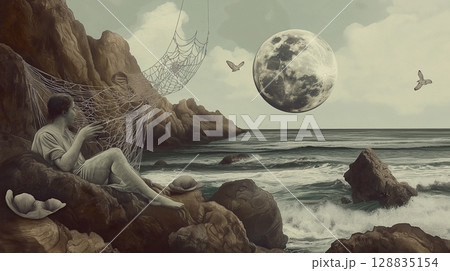 A surrealist composition featuring the shadowed outline of a human hand intertwined with spider net, full moon, and mirrors leading into vast natural seascapes 128835154