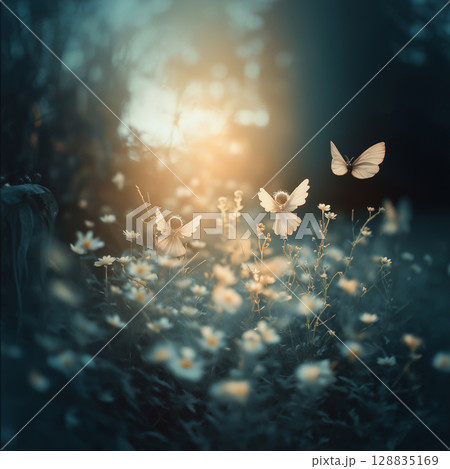 Little cute angels with wings flying among tiny flowers, dreamy and ethereal atmosphere, pastel colors, warm sunlight 128835169