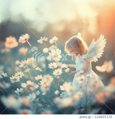 Little cute angels with wings flying among tiny flowers, dreamy and ethereal atmosphere, pastel colors, warm sunlight Little cute angels with wings flying among tiny flowers, dreamy and ethereal atmosphere, pastel colors, warm sunlight 128835170