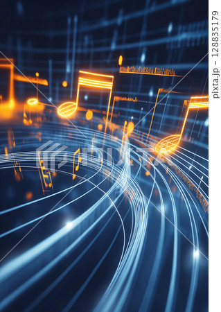 Five musical staff lines with animated, glowing musical notes, radiating a modern digital aesthetic, conveying the dynamic flow of music Five musical staff lines with animated, glowing musical notes, radiating a modern digital aesthetic, conveying the dynamic flow of music 128835179