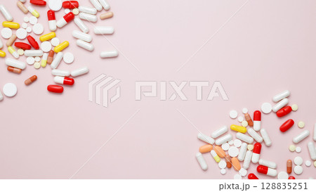 Concept of healthcare and medicine. Various medication tablets and capsules Concept of healthcare and medicine. Various medication tablets and capsules 128835251