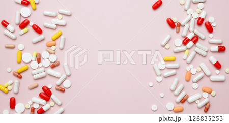 Concept of healthcare and medicine. Various medication tablets and capsules Concept of healthcare and medicine. Various medication tablets and capsules 128835253