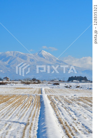 冬の田園風景と会津磐梯山（福島県） 128835321