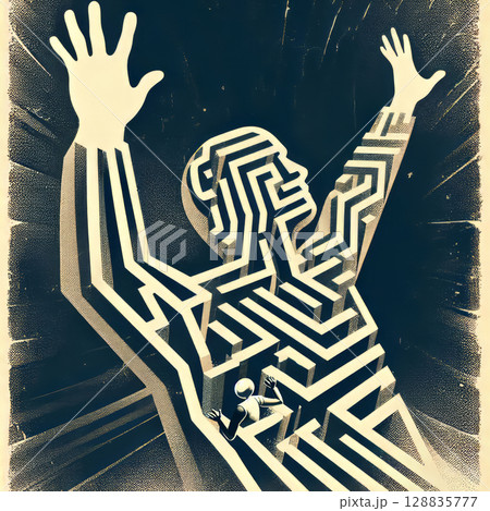 Dynamic Silhouette with Maze Pattern and Raised Hands in Retro Style, enhancing the sense of complexity and entrapment 128835777