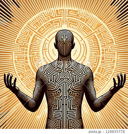 Dynamic Silhouette with Maze Pattern and Raised Hands in Retro Style, enhancing the sense of complexity and entrapment 128835778