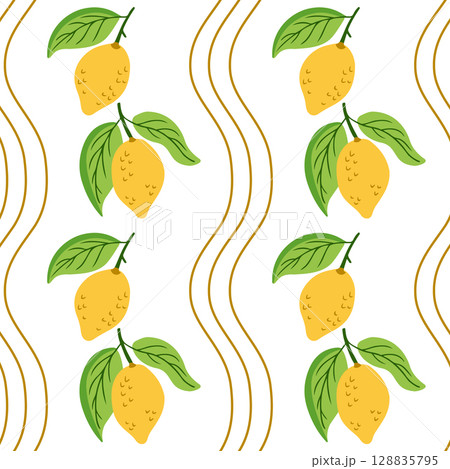 Seamless pattern of hand drawn lemons with green leaves and wavy golden lines on a white background Seamless pattern of hand drawn lemons with green leaves and wavy golden lines on a white background 128835795