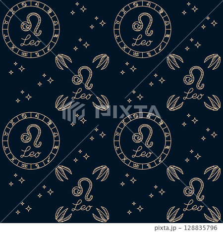 Seamless zodiac pattern with Leo symbol, constellations, and astrological circle on a dark background 128835796