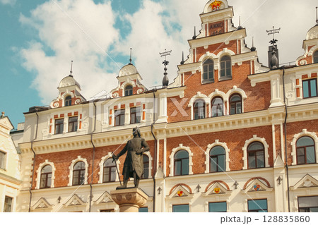 Town Hall in Vyborg with a monument to founder of Vyborg Castle, Torgils Knutsson Town Hall in Vyborg with a monument to founder of Vyborg Castle, Torgils Knutsson 128835860