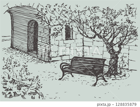 Vector Sketch. Cozy bench under tree in quiet courtyard 128835879