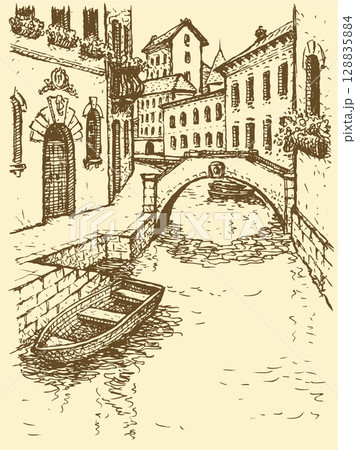 Vector drawing. Canal narrow Venetian street with bridge and gondolas 128835884