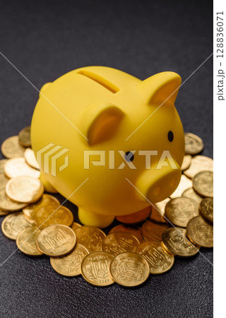 Piggy bank as a financial conceptual background with coins, doing business, saving money Piggy bank as a financial conceptual background with coins, doing business, saving money 128836071