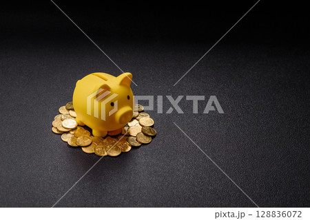 Piggy bank as a financial conceptual background with coins, doing business, saving money Piggy bank as a financial conceptual background with coins, doing business, saving money 128836072