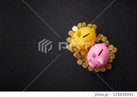 Piggy bank as a financial conceptual background with coins, doing business, saving money 128836092
