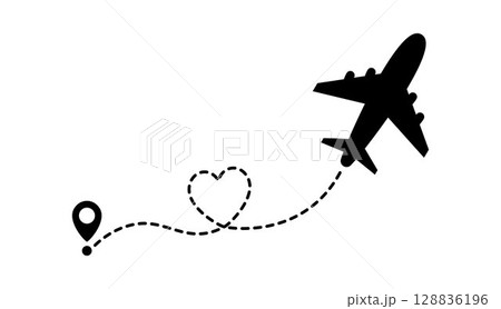 Airplane with Heart Flight Path and Location Pin. Romantic Travel Concept, Love Journey, Honeymoon Trip, Long Distance Relationship, Valentine Flight Route Symbol in Black Silhouette 128836196