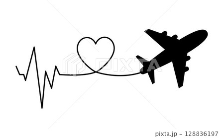 Airplane with Heartbeat and Love Line. Romantic Flight Concept, Travel Passion Symbol, Pulse and Aviation Connection, Valentine Journey Design in Black Silhouette Airplane with Heartbeat and Love Line. Romantic Flight Concept, Travel Passion Symbol, Pulse and Aviation Connection, Valentine Journey Design in Black Silhouette 128836197